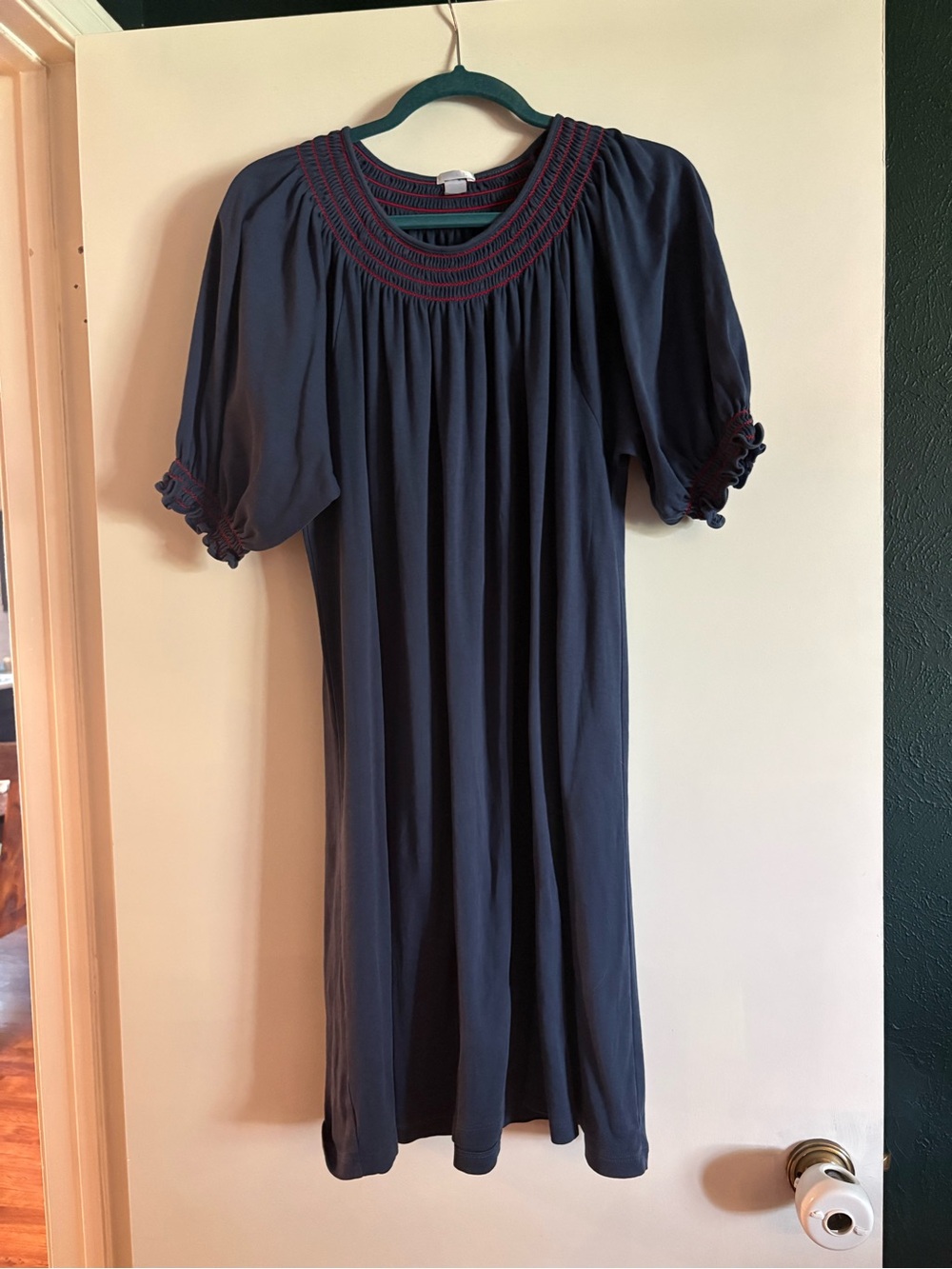 Navy Smocked Yoke Puff Sleeve Nightgown